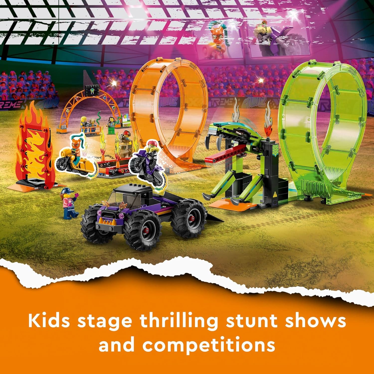 LEGO City Stuntz Double Loop Stunt Arena (60339) – Monster Truck Playset with Motorcycles, Ramp & 7 Minifigures, Age 7+